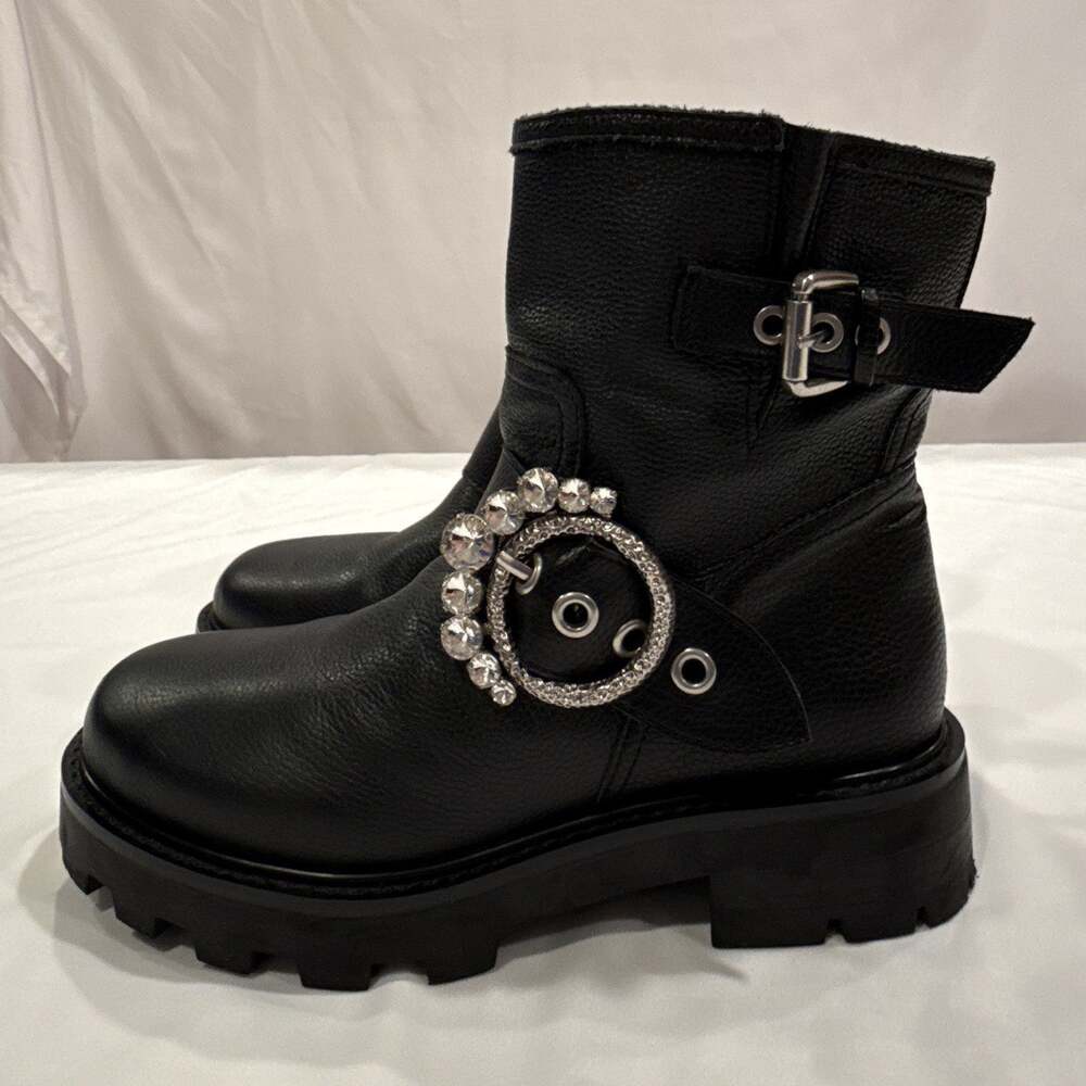 KARL LAGERFELD PARIS Marceau Black Leather Lug Sole Crystal Buckle Bootie 7.5
